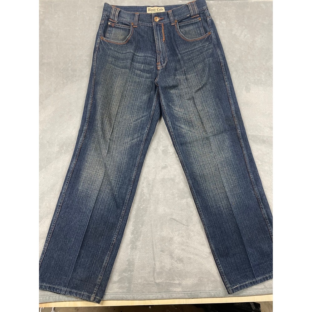 VTG Y2K Basic Code Mens W36 L34 Dark Wash Denim Wide Street Jeans Orange Stitch